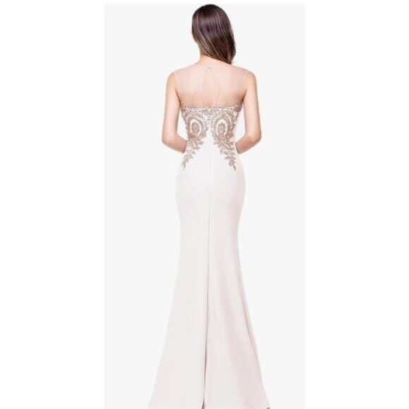 Elegant White Mermaid Gown/Dress Gold Lace Appliqué & Sheer Neckline Size M - Picture 2 of 13